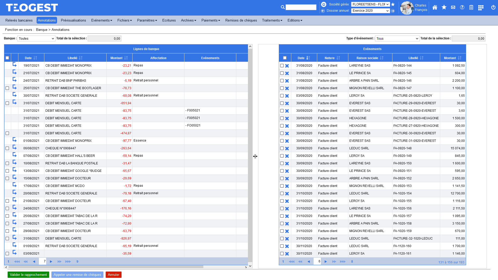Affectation manuelle de lignes de releves bancaires sur la base des evenements clients et fournisseurs